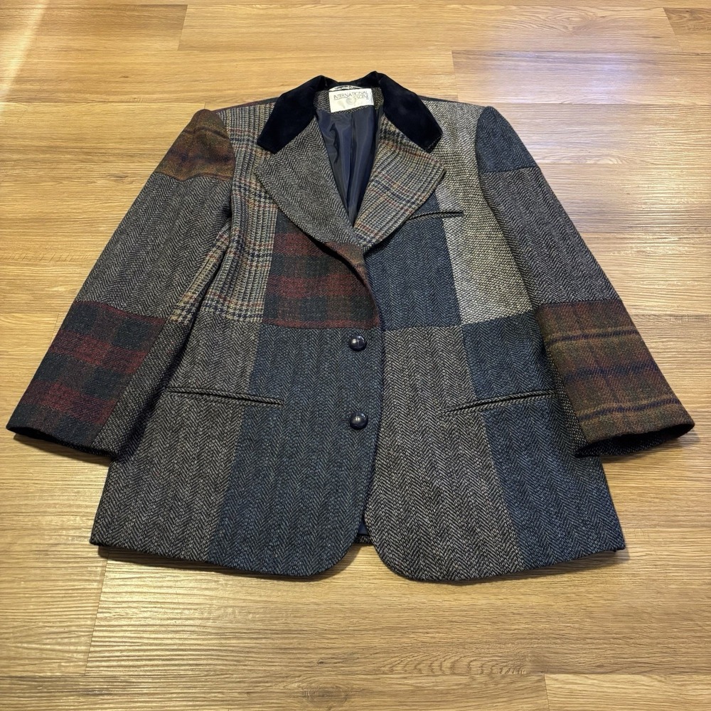 VTG International Scene Patchwork Wool Tweed Blazer Size 14, 40R Velvet Collar